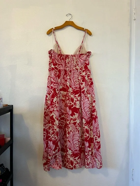 Abercrombie & Fitch Beaded Flowy Floral Red Pink Midi Dress Linen Blend Size XL - Picture 7 of 13